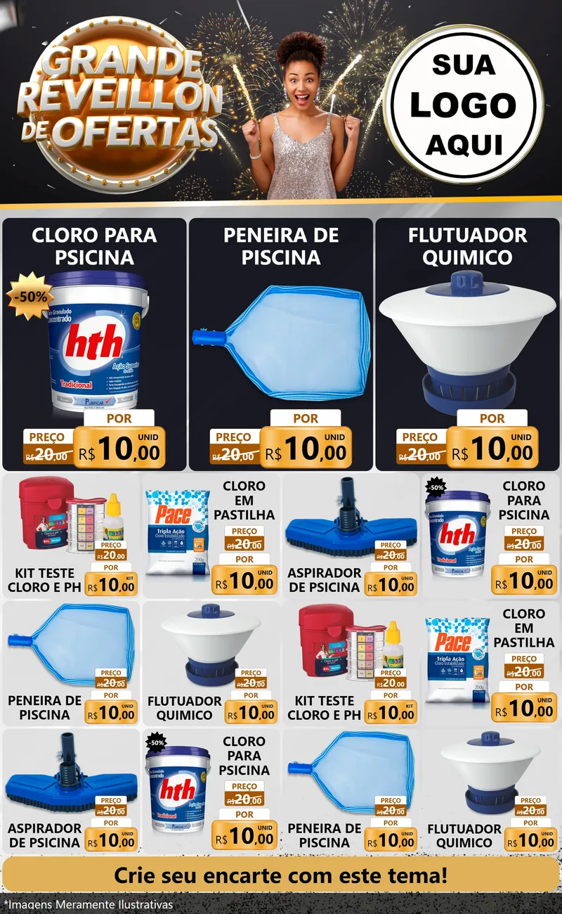 Modelo de Encarte para Encarte Grande com o tema Grande Réveillon de Ofertas para Produtos para Piscina
