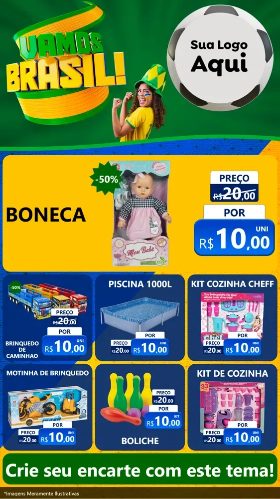 Modelo de Rede Social para Stories com o tema Vamos Brasil - Copa para Brinquedos