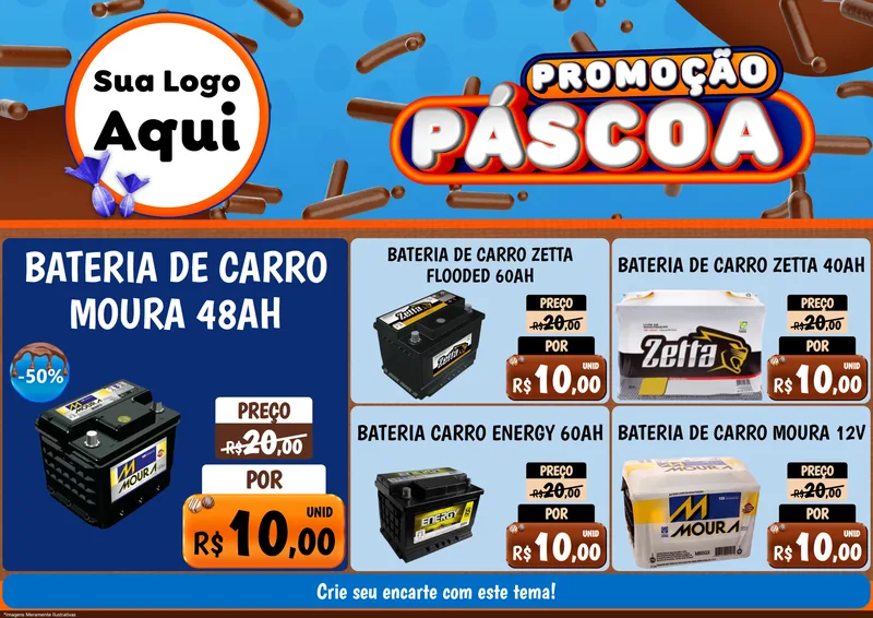 Modelo de Encarte para Encarte A4 Horizontal com o tema Promoção Páscoa para Baterias Elétricas