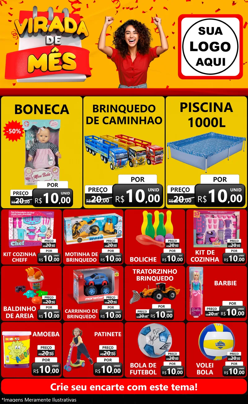 Modelo de Encarte para Encarte Grande com o tema Virada de Mês para Brinquedos