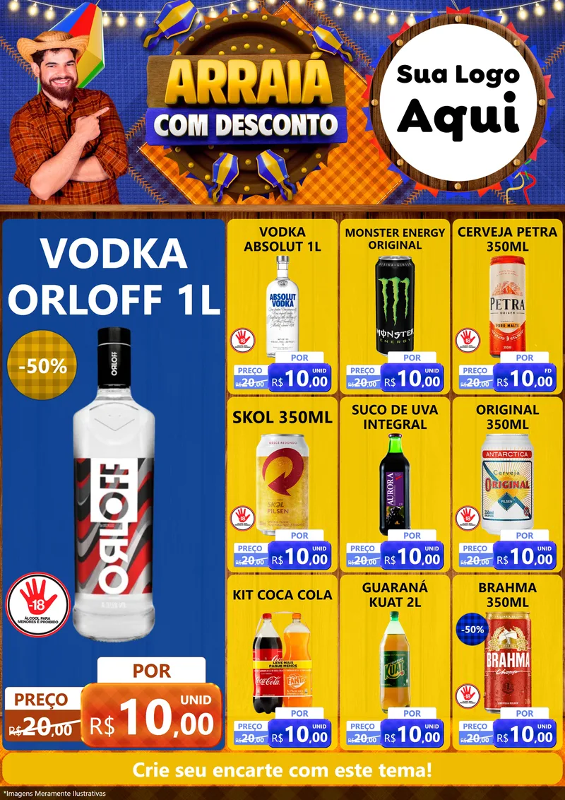 Modelo de Encarte para Encarte A4 Vertical com o tema Arraiá Com Desconto para Distribuidora de bebidas