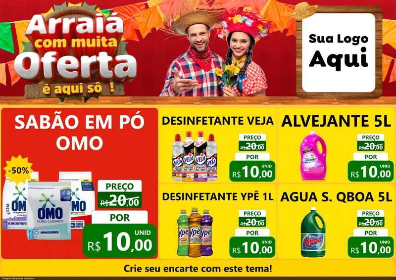 Modelo de Encarte para Encarte A4 Horizontal com o tema Arraiá Com Muita Oferta - É Aqui Sô! para Produtos de Limpeza