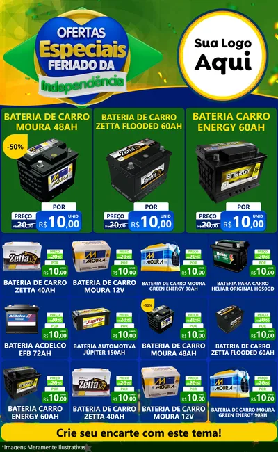 Modelo de Encarte para Encarte Grande com o tema Ofertas Especiais Feriado da Independência para Baterias Elétricas