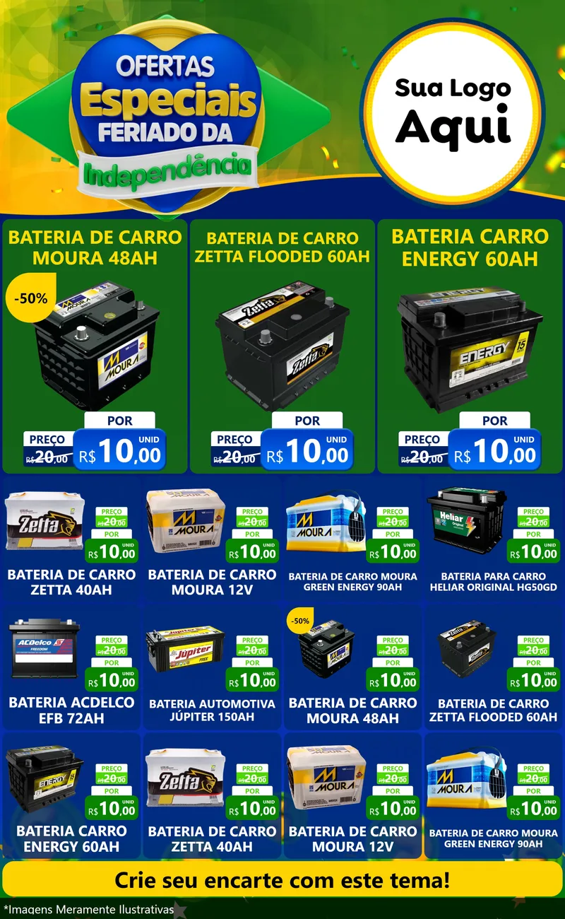 Modelo de Encarte para Encarte Grande com o tema Ofertas Especiais Feriado da Independência para Baterias Elétricas