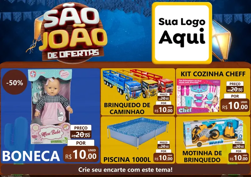 Modelo de Encarte para Encarte A4 Horizontal com o tema São João Ofertas Imbatíveis! - Junina para Brinquedos