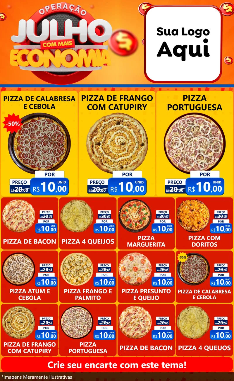 Modelo de Encarte para Encarte Grande com o tema Operação Julho Com Mais Economia para Pizzaria