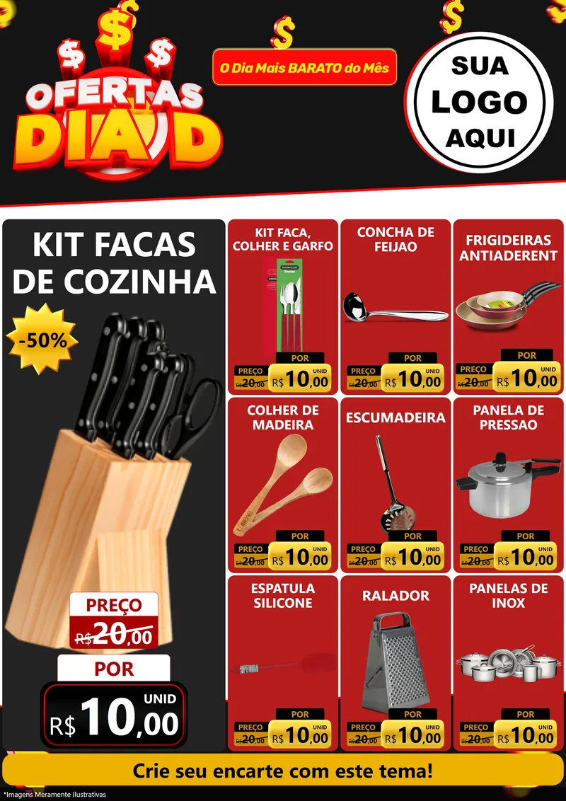 Modelo de Encarte para Encarte A4 Vertical com o tema Ofertas Dia D para Utilidades Domésticas