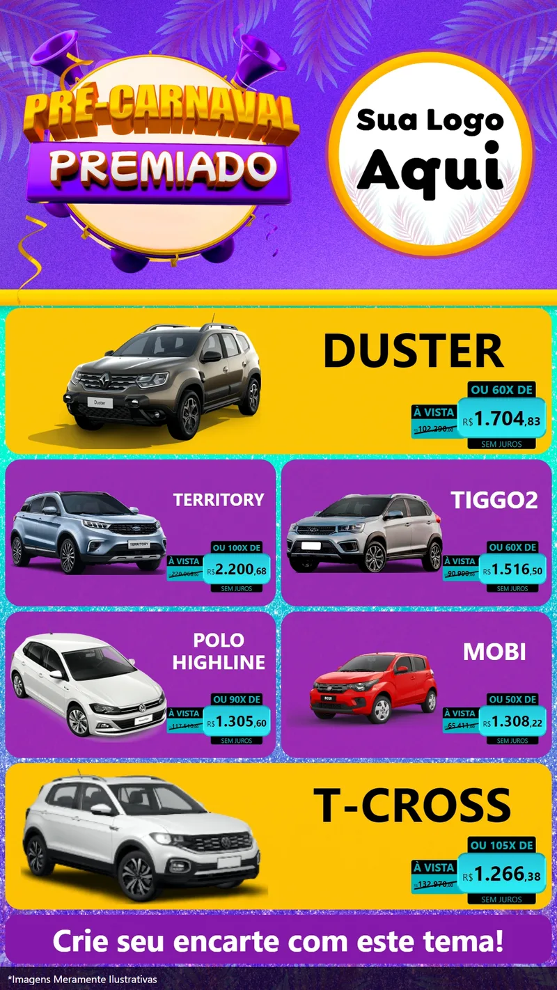 Modelo de TV para TV Vertical com o tema Pré-Carnaval Premiado para Concessionaria de Carros