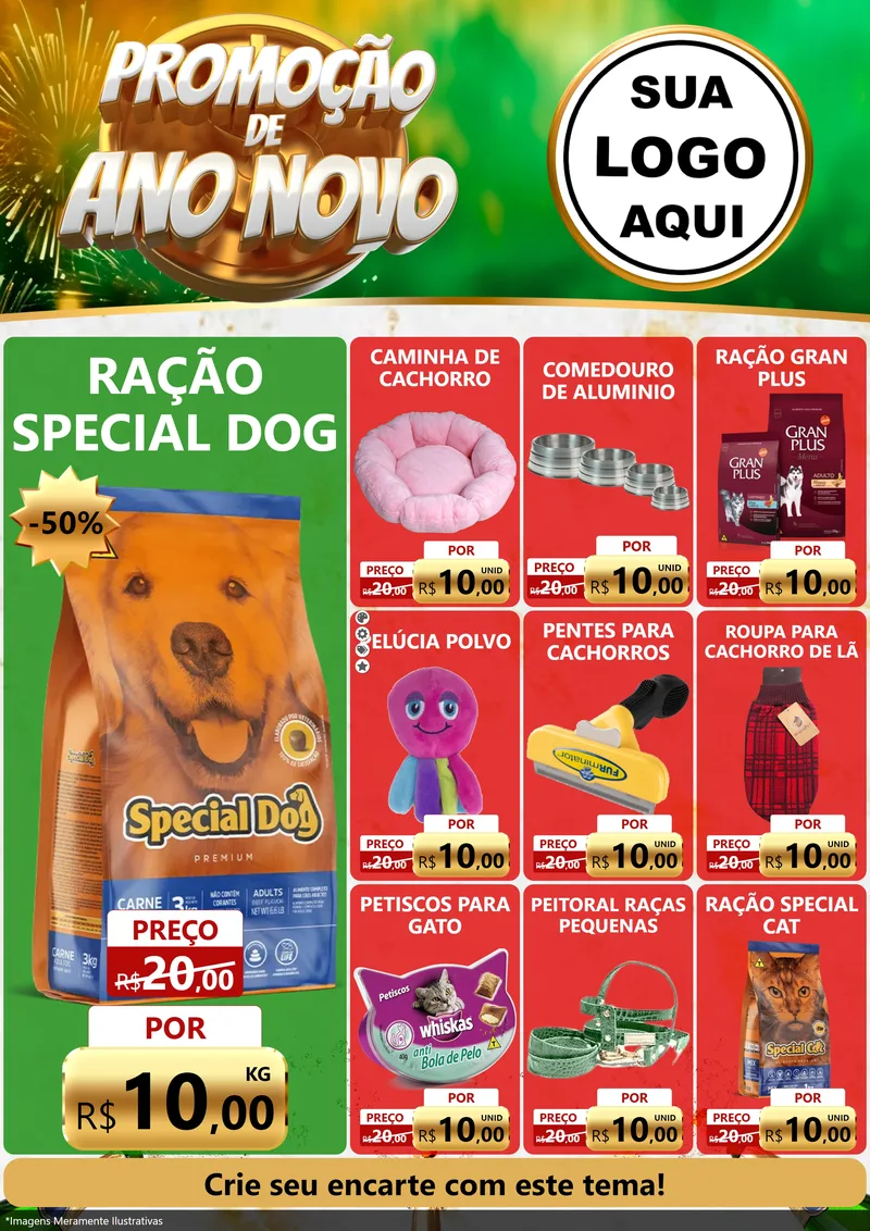 Modelo de Encarte para Encarte A4 Vertical com o tema Promoção de Ano Novo para Pet Shop
