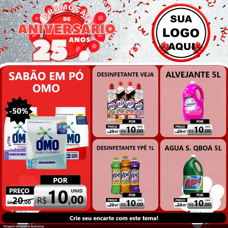 Modelo de Rede Social para Feed Facebook com o tema Promoção de Aniversário - 25Anos para Produtos de Limpeza