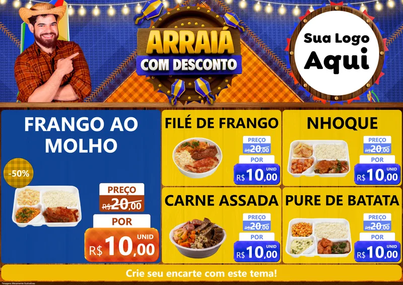 Modelo de Encarte para Encarte A4 Horizontal com o tema Arraiá Com Desconto para Restaurante
