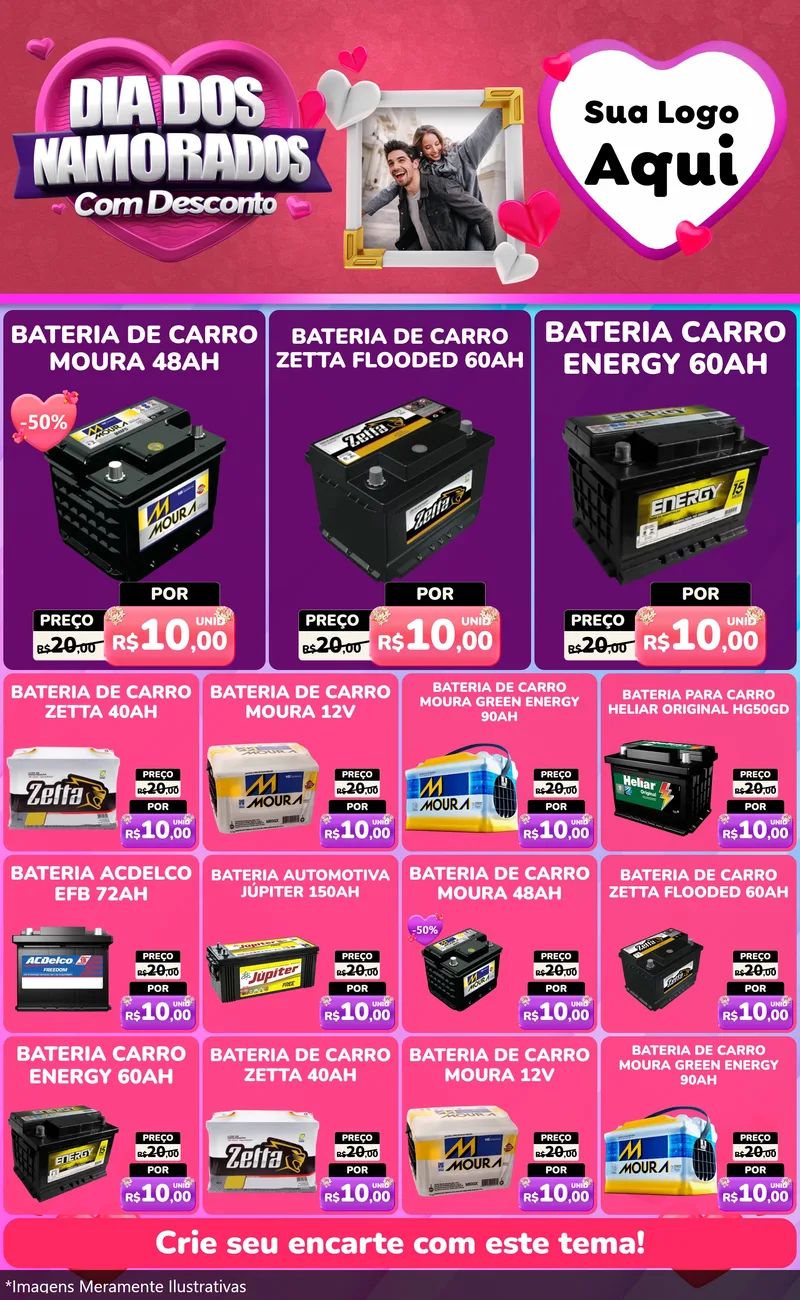 Modelo de Encarte para Encarte Grande com o tema Dia Dos Namorados Com Desconto para Baterias Elétricas