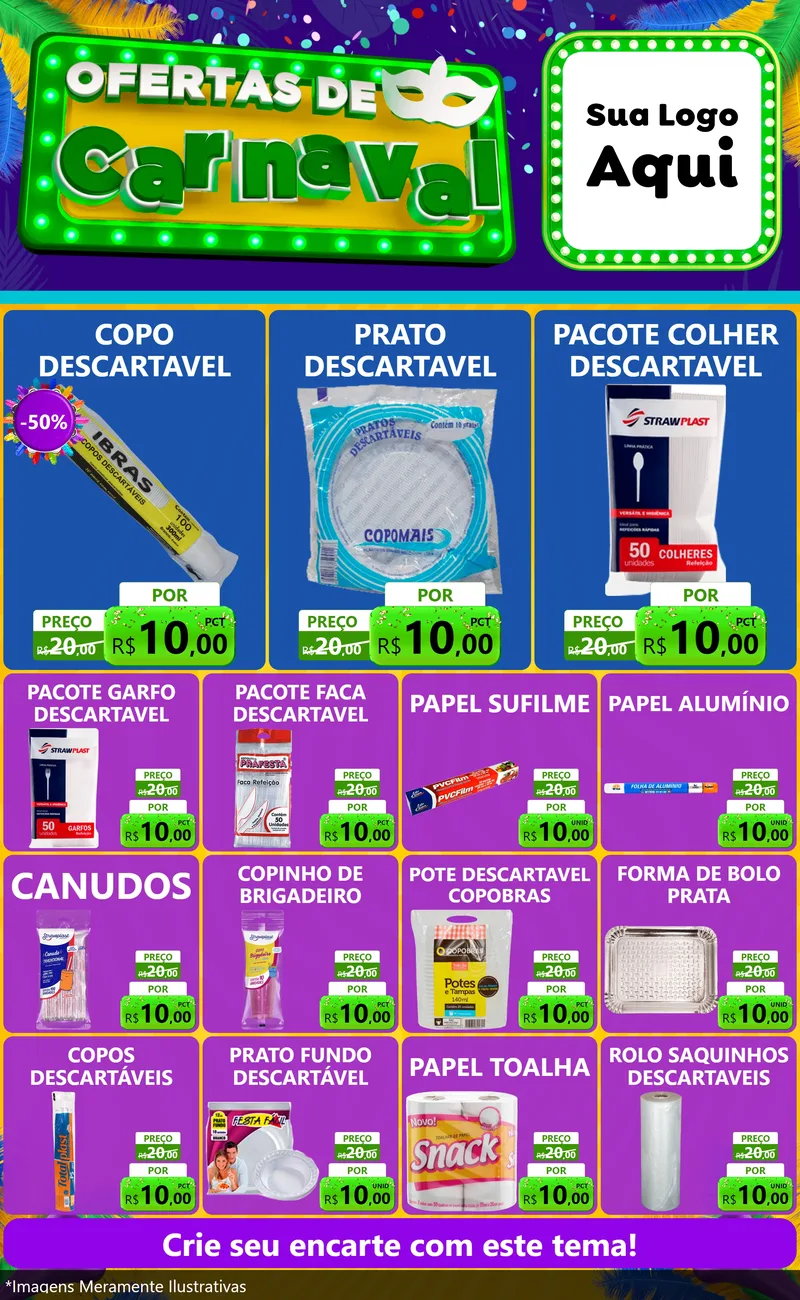 Modelo de Encarte para Encarte Grande com o tema Ofertas de Carnaval para Embalagens