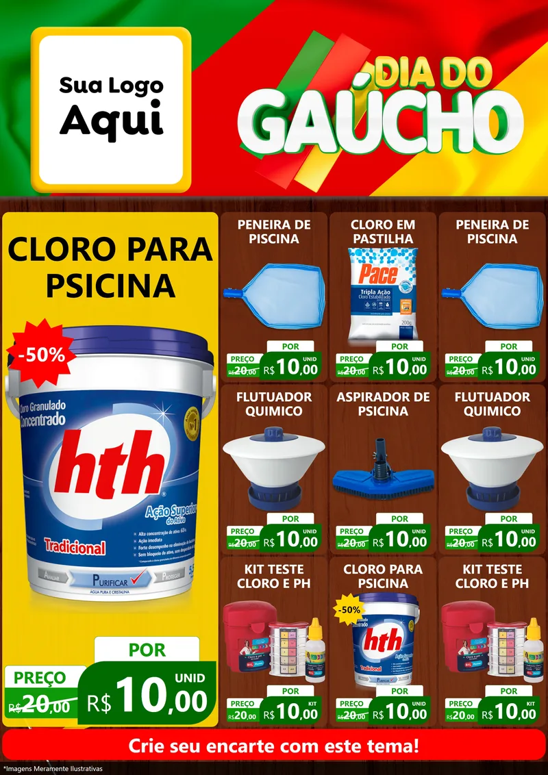 Modelo de Encarte para Encarte A4 Vertical com o tema Dia do Gaúcho para Produtos para Piscina