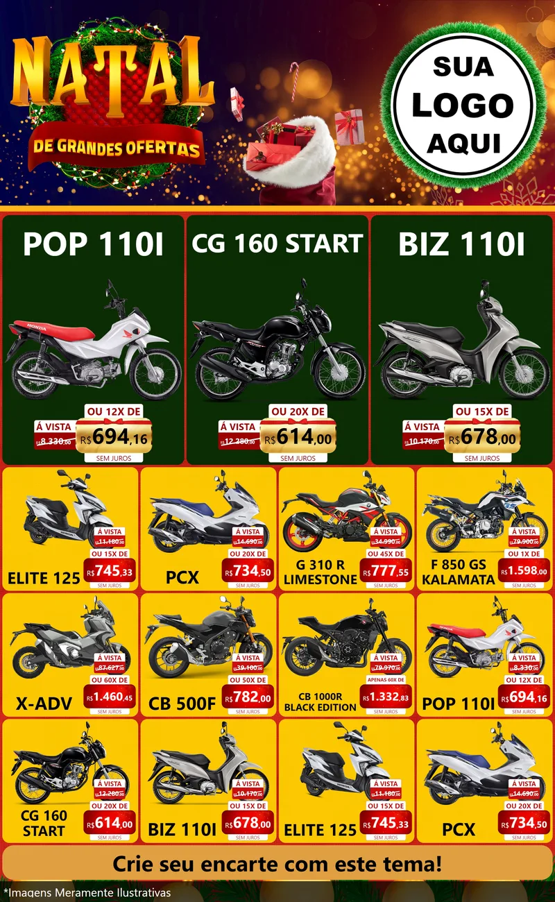 Modelo de Encarte para Encarte Grande com o tema Natal de Grandes Ofertas para Concessionaria de Motos