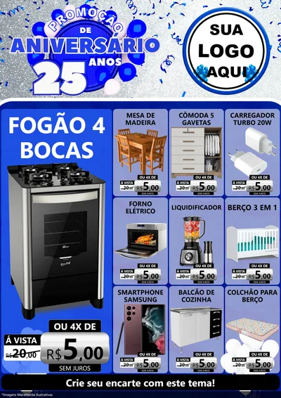 Modelo de Encarte para Encarte A4 Vertical com o tema Promoção de Aniversário - 25 Anos para Móveis e Eletro