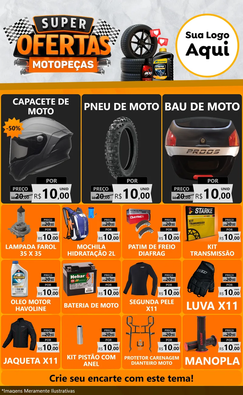 Modelo de Encarte para Encarte Grande com o tema Super Ofertas - Motopeças para Moto peças