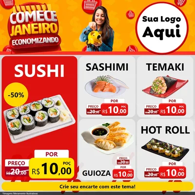 Modelo de Rede Social para Feed Facebook com o tema Comece Janeiro Economizando para Comida japonesa