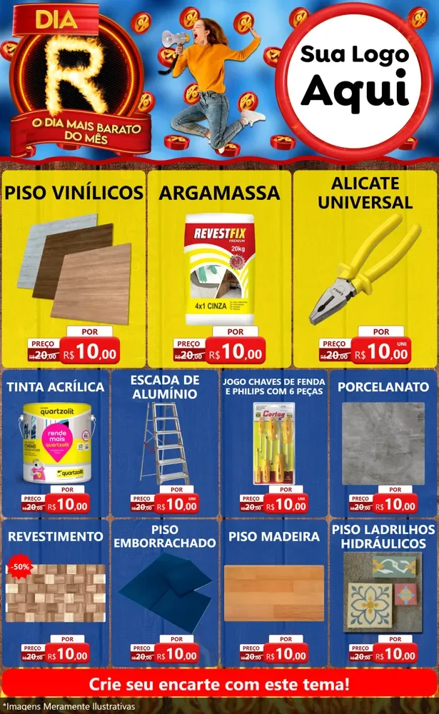Modelo de Encarte para Encarte Grande com o tema Dia R - O Dia Mais Barato Do Mês para Material para Construção