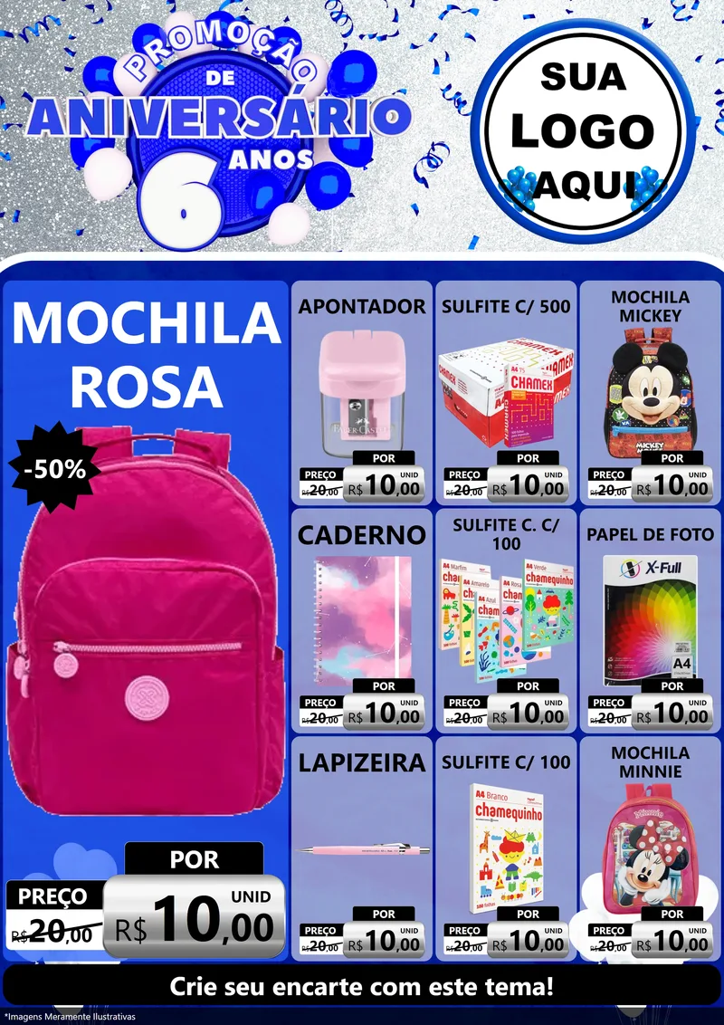 Modelo de Encarte para Encarte A4 Vertical com o tema Promoção de Aniversário - 6 Anos para Papelaria