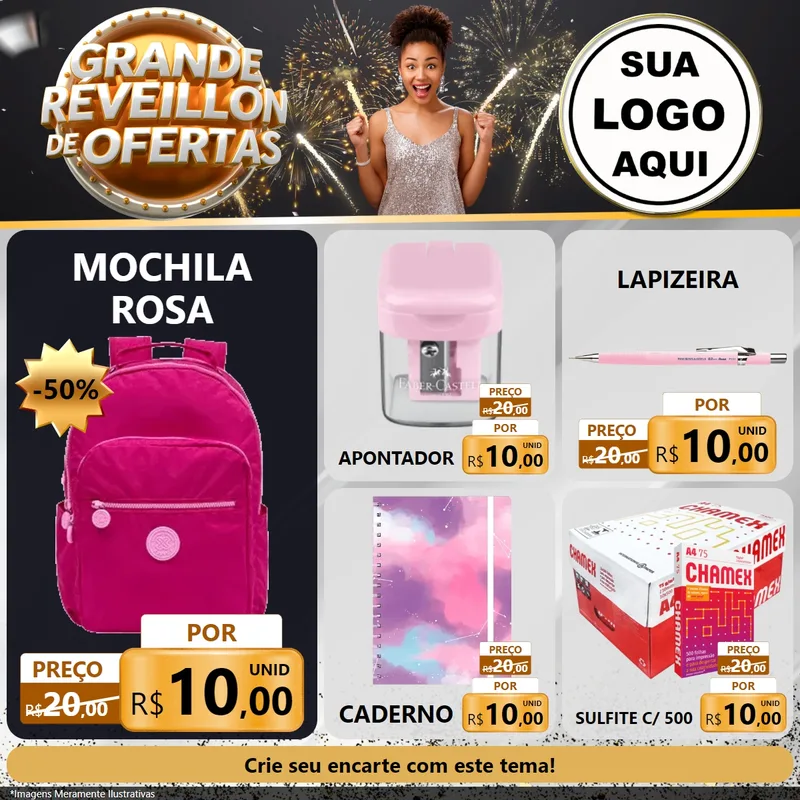 Modelo de Rede Social para Feed Facebook com o tema Grande Réveillon de Ofertas para Papelaria