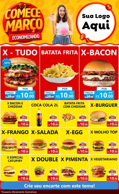 Modelo de Encarte para Encarte Grande com o tema Comece Março Economizando para Hamburgueria