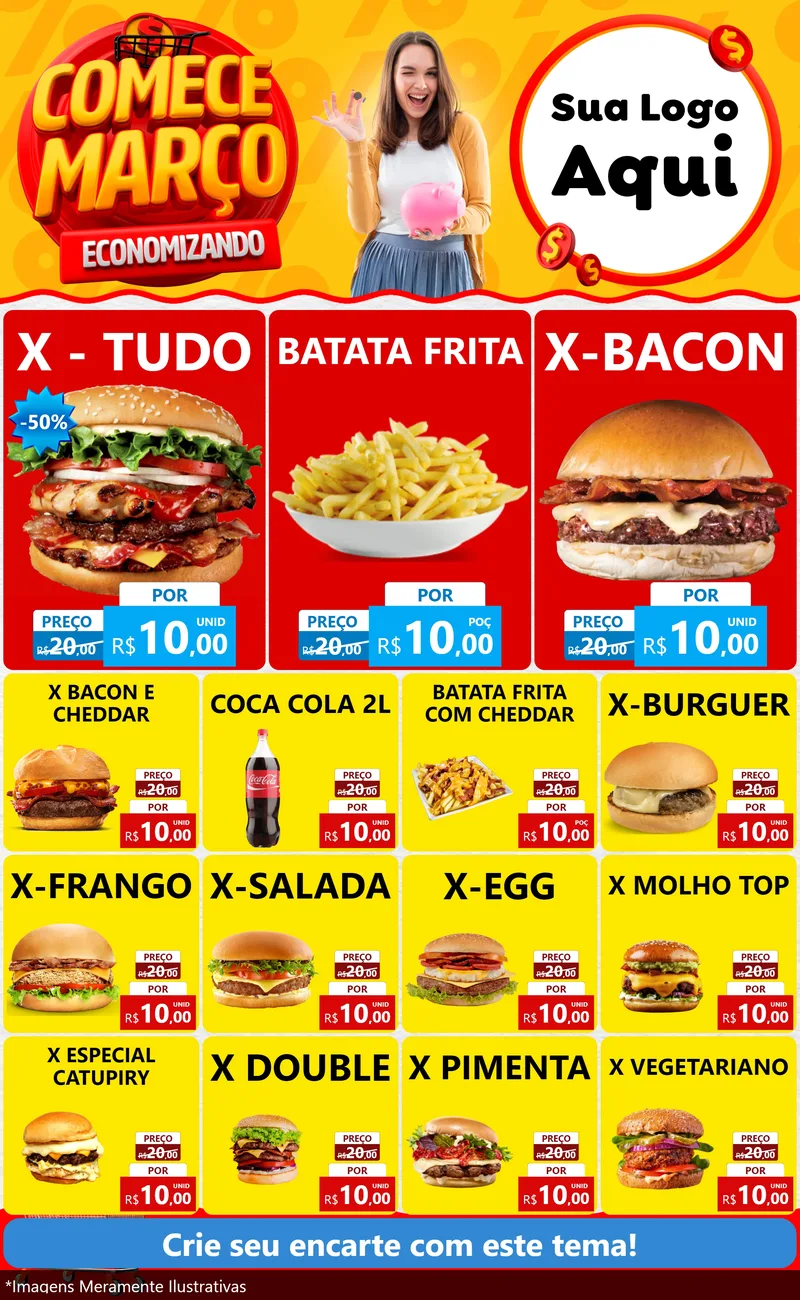 Modelo de Encarte para Encarte Grande com o tema Comece Março Economizando para Hamburgueria