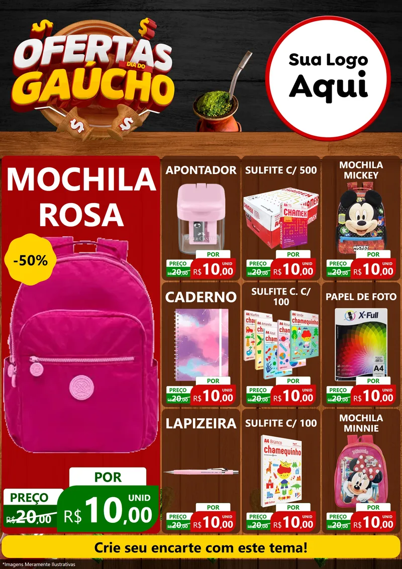Modelo de Encarte para Encarte A4 Vertical com o tema Ofertas Dia do Gaúcho para Papelaria