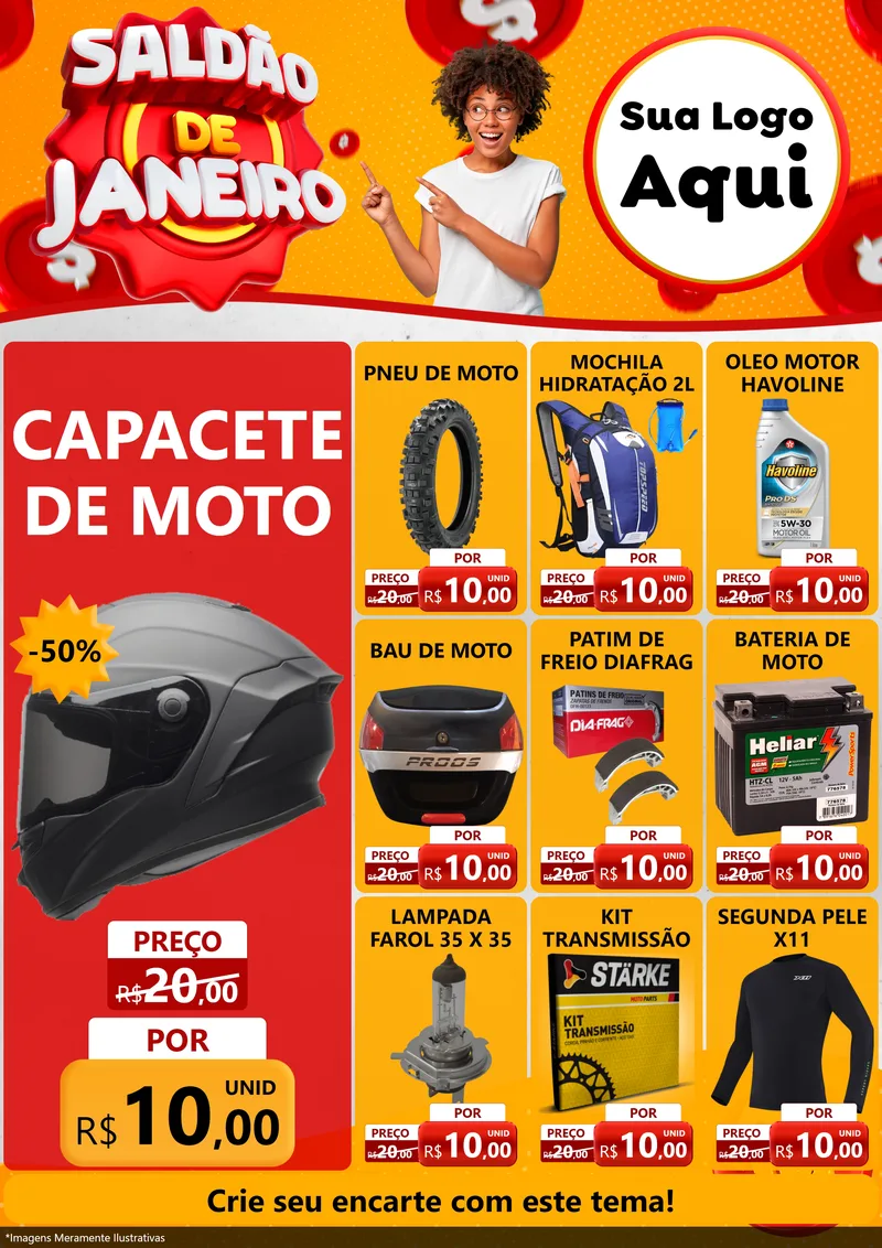 Modelo de Encarte para Encarte A4 Vertical com o tema Saldão de Janeiro para Moto peças