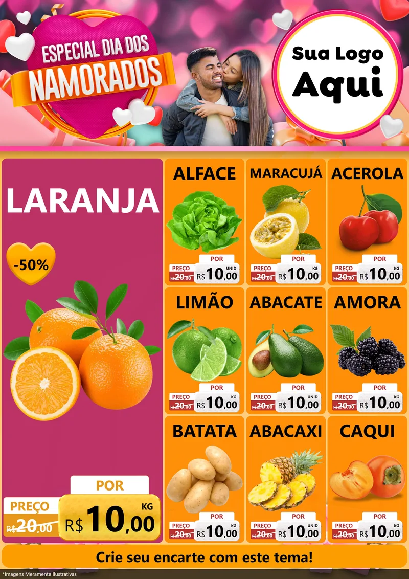 Modelo de Encarte para Encarte A4 Vertical com o tema Especial Dia dos Namorados para Hortifrúti