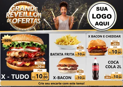 Modelo de Encarte para Encarte A4 Horizontal com o tema Grande Réveillon de Ofertas para Hamburgueria