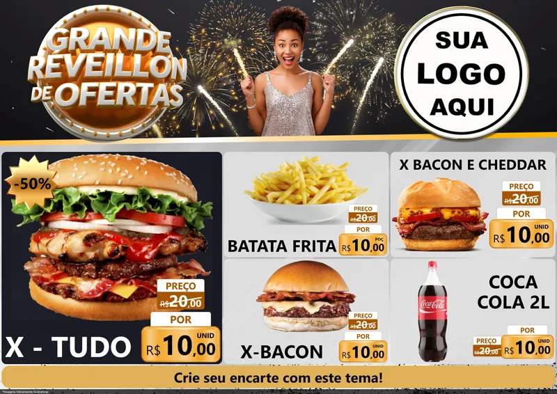 Modelo de Encarte para Encarte A4 Horizontal com o tema Grande Réveillon de Ofertas para Hamburgueria