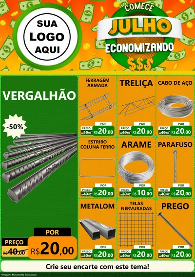 Modelo de Encarte para Encarte A4 Vertical com o tema Comece Julho Economizando para Ferragens