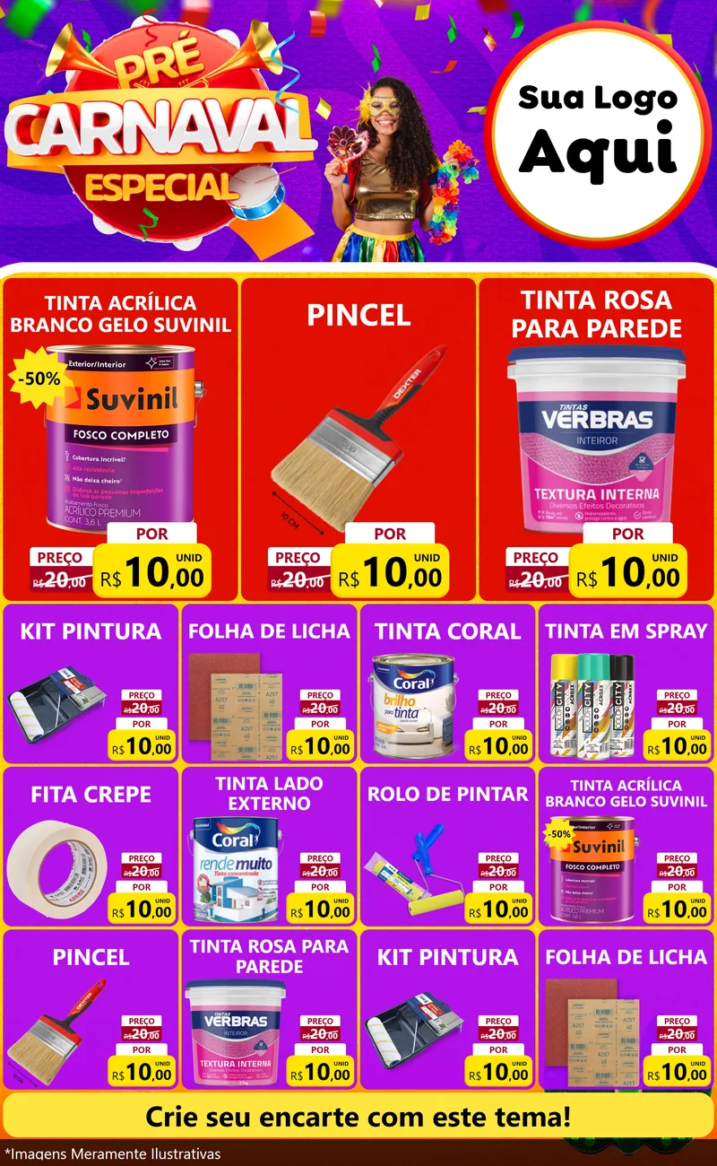 Modelo de Encarte para Encarte Grande com o tema Pré-Carnaval Especial para Tintas e Ferramentas