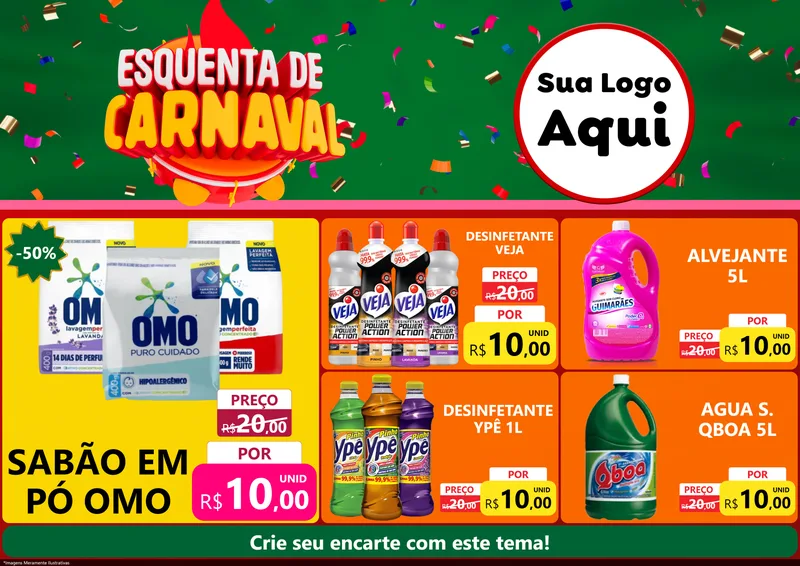 Modelo de Encarte para Encarte A4 Horizontal com o tema Esquenta de Carnaval para Produtos de Limpeza