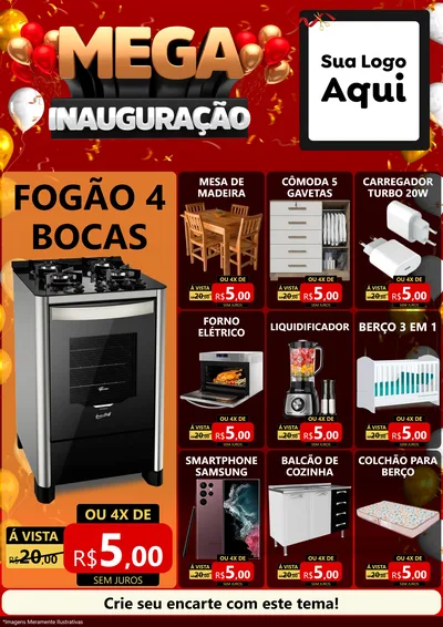 Modelo de Encarte para Encarte A4 Vertical com o tema Mega Inauguração para Móveis e Eletro