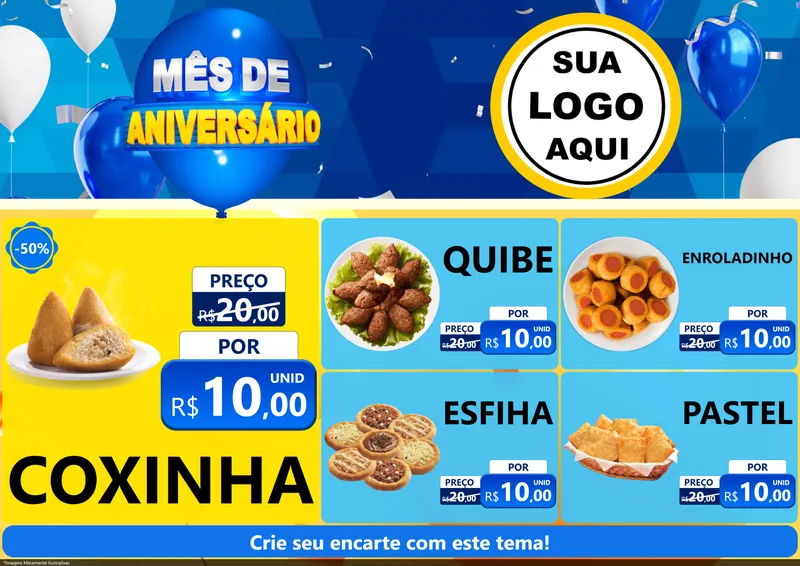 Modelo de Encarte para Encarte A4 Horizontal com o tema Mês de Aniversário para Salgadaria