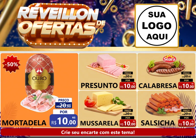 Modelo de Encarte para Encarte A4 Horizontal com o tema Réveillon de Ofertas para Frios e Laticínios
