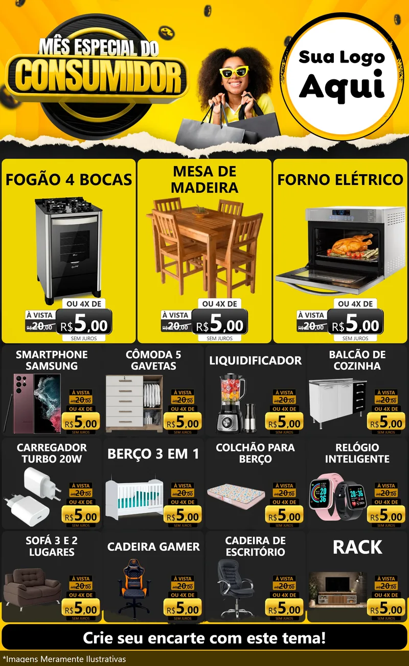 Modelo de Encarte para Encarte Grande com o tema Mês Especial do Consumidor para Móveis e Eletro