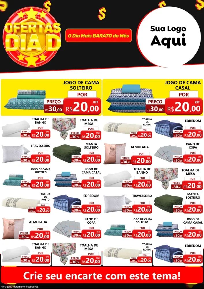 Modelo de Encarte para Encarte A4 Vertical com o tema Dia D para Cama, Mesa e Banho