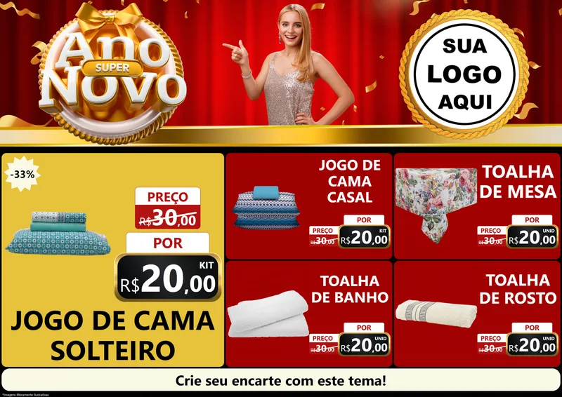 Modelo de Encarte para Encarte A4 Horizontal com o tema Super Ano Novo para Cama, Mesa e Banho