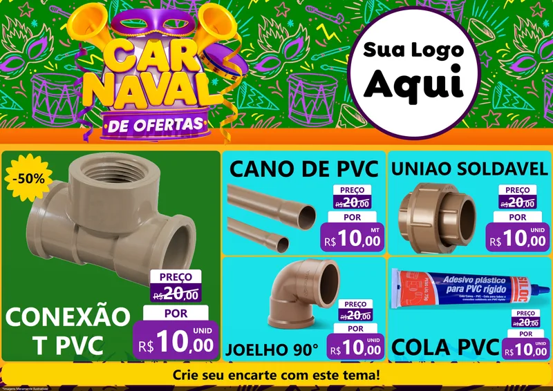 Modelo de Encarte para Encarte A4 Horizontal com o tema Carnaval de Ofertas para Tubos e conexões