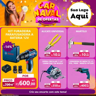 Modelo de Rede Social para Feed Facebook com o tema Carnaval de Ofertas para Maquinas e Ferramentas