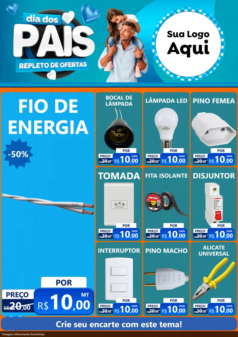 Modelo de Encarte para Encarte A4 Vertical com o tema Dia Dos Pais Repleto de Ofertas para Materiais Elétricos