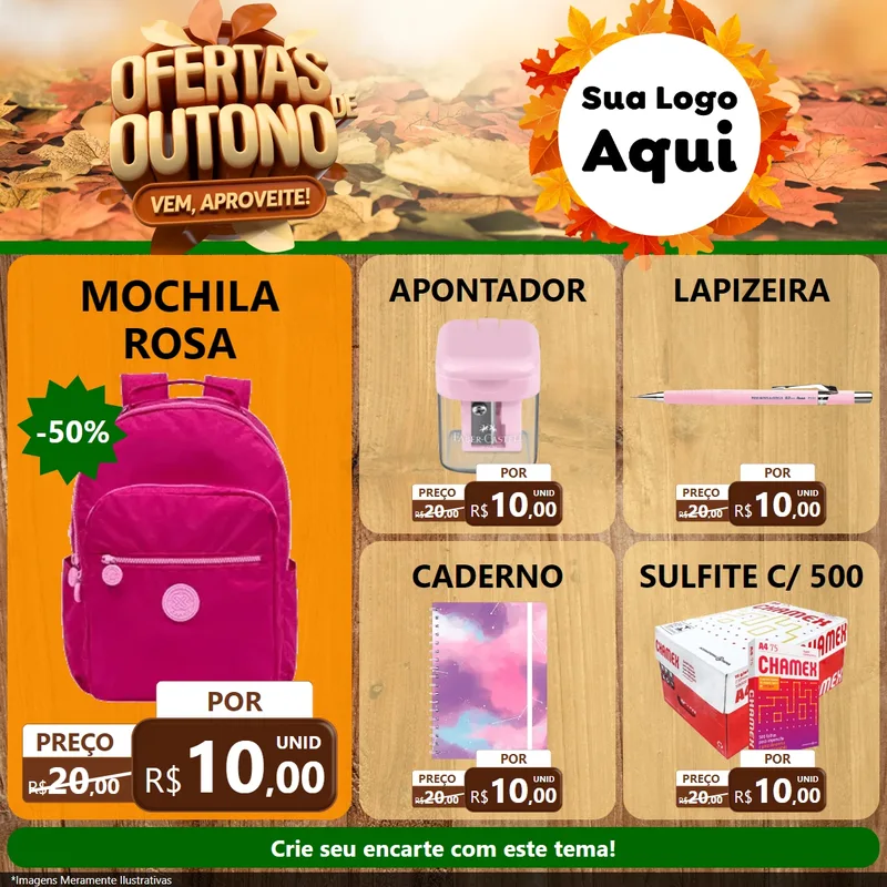 Modelo de Rede Social para Feed Facebook com o tema Ofertas de Outono - Vem, Aproveite! para Papelaria