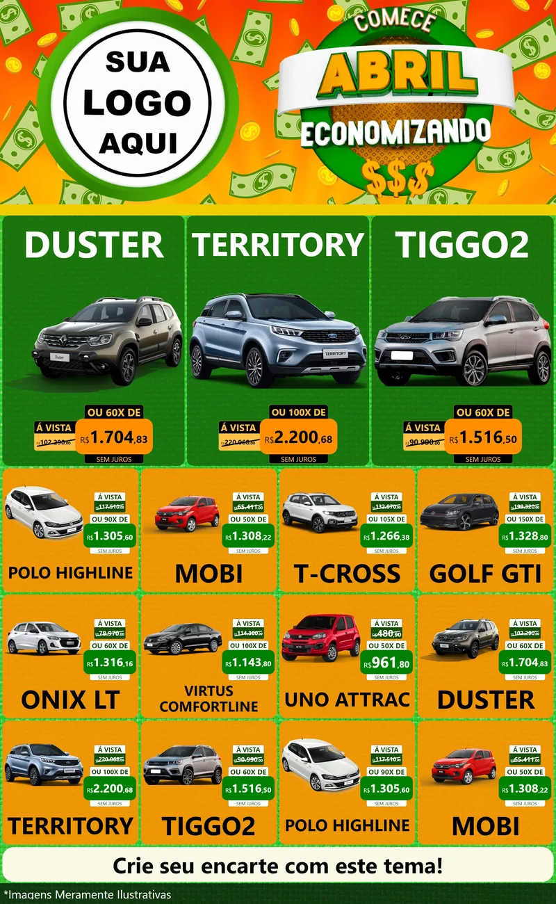 Modelo de Encarte para Encarte Grande com o tema Comece Abril Economizando para Concessionaria de Carros