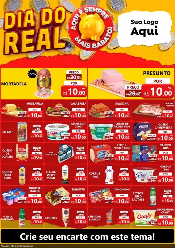 Modelo de Encarte para Encarte A4 Vertical com o tema Dia Do Real para Frios e Laticínios