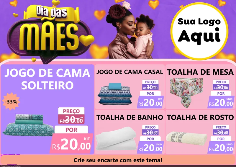 Modelo de Encarte para Encarte A4 Horizontal com o tema Dia das Mães para Cama, Mesa e Banho