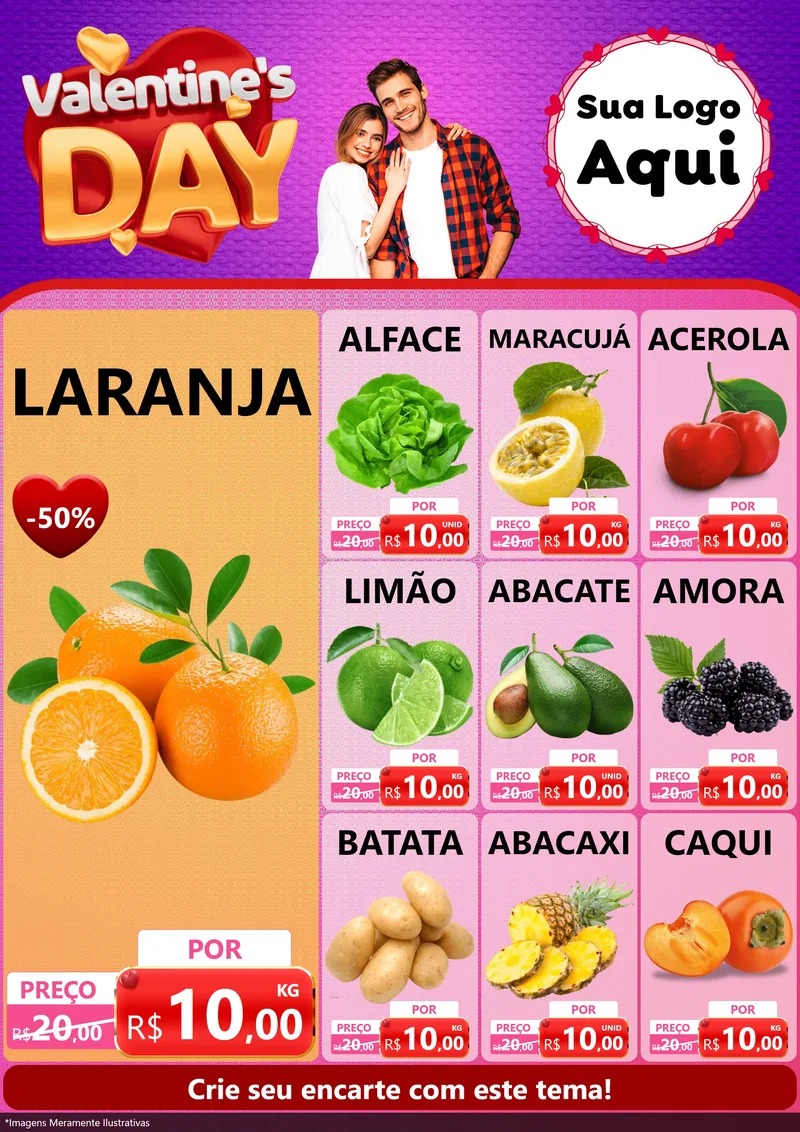 Modelo de Encarte para Encarte A4 Vertical com o tema Valentine's Day para Hortifrúti