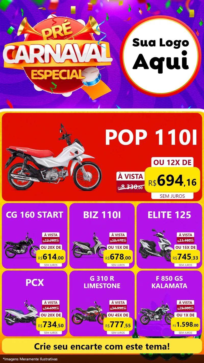 Modelo de Rede Social para Stories com o tema Pré-Carnaval Especial para Concessionaria de Motos